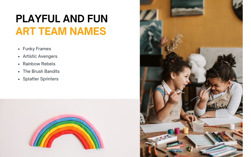 Playful and fun creative art team names for lively and energetic groups.