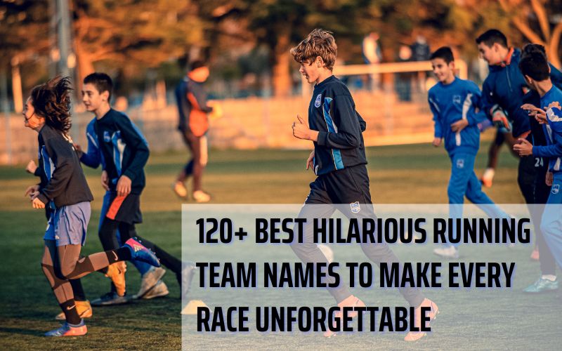 A group of runners wearing funny team shirts with hilarious running team names.