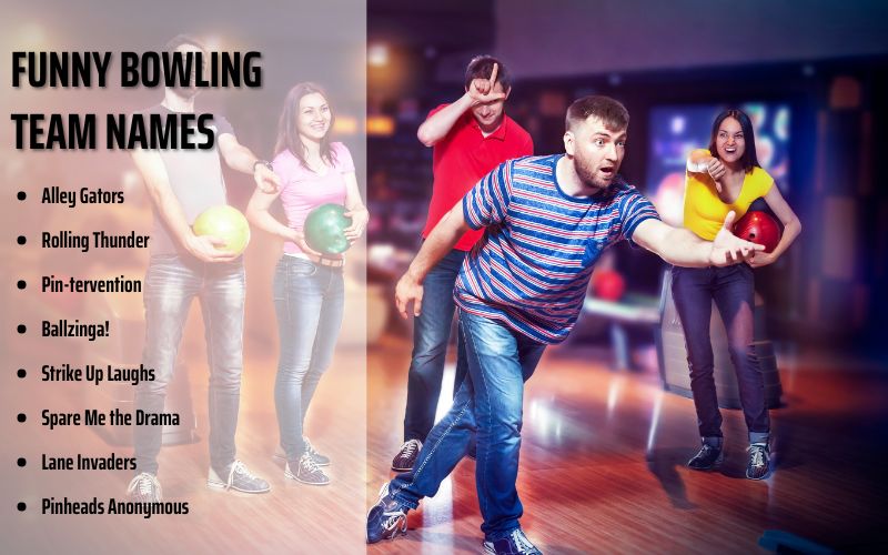 A funny team name displayed on a bowling scoreboard, surrounded by laughing teammates.