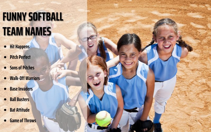 A group of softball players laughing together on the field.