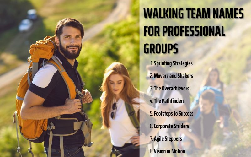 A professional group walking with a mix of walking and project team names.